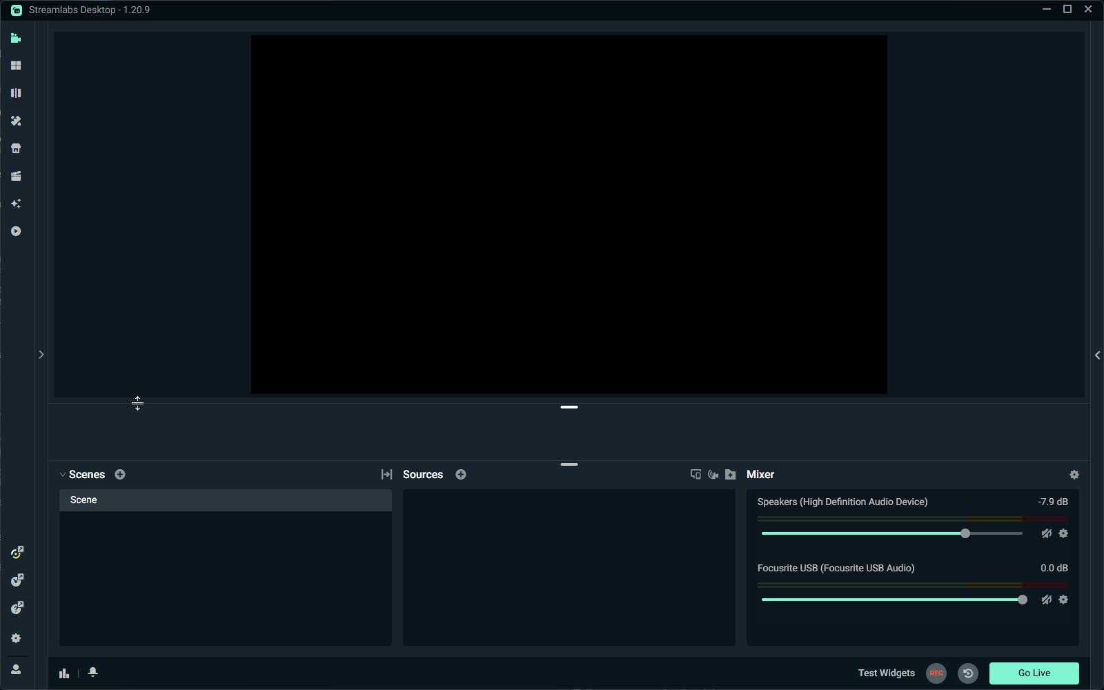 Creating a new scene in the bottom left panel of Streamlabs Desktop.